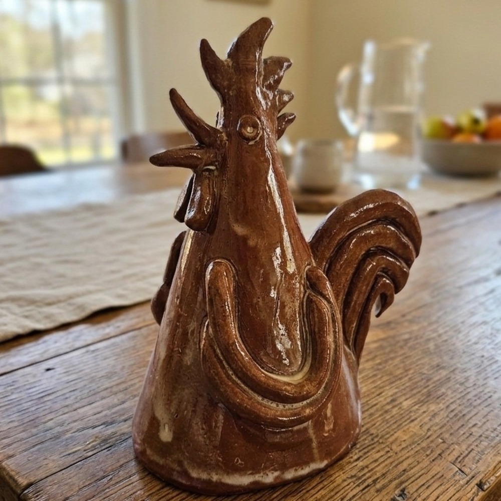 Studio Pottery Brown Glazed Rooster Handcrafted Folk Art 7.5" Cottagecore